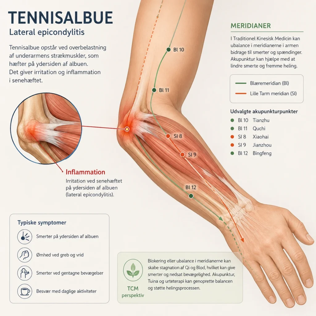 Medicinsk illustration af tennisalbue med inflammation og TCM meridianer i armen