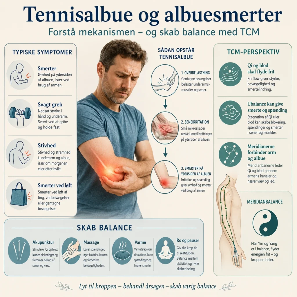 Infografik om tennisalbue, albuesmerter og TCM meridian balance behandling