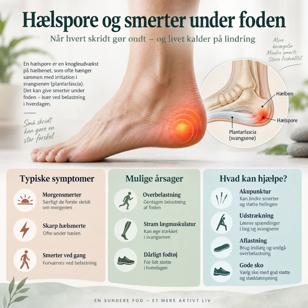 Infografik om hælspore, plantar fasciitis, symptomer og behandling med akupunktur