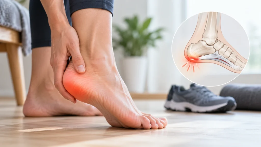 Hælspore og smerter under foden med irritation i plantarfascia