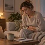 Kvinde med urolig mave og stressrelaterede fordøjelsesproblemer derhjemme