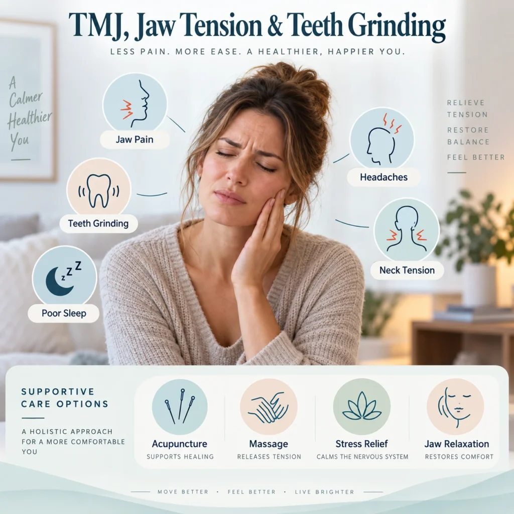 TMJ jaw tension and teeth grinding infographic with acupuncture and massage support