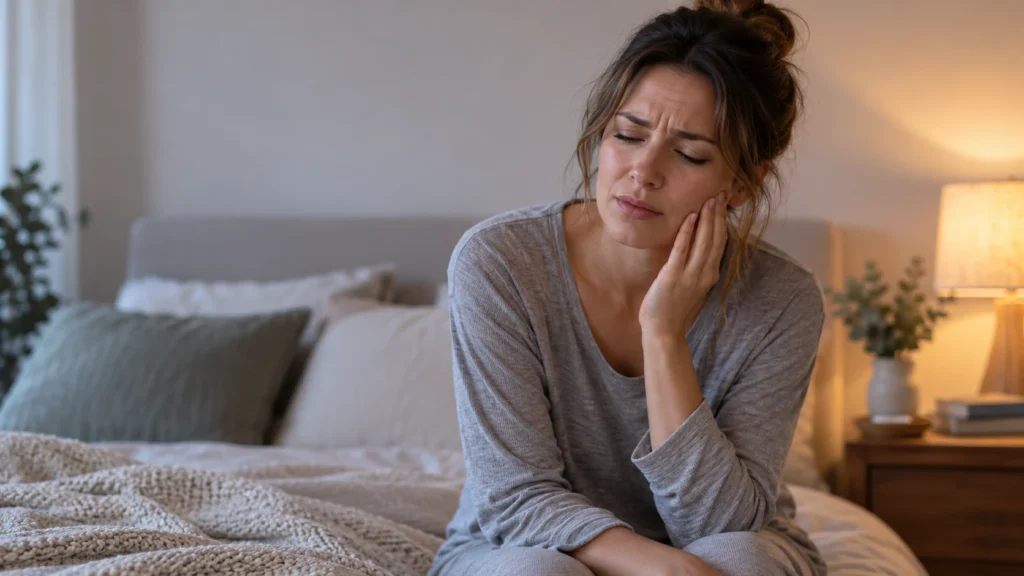 Woman with TMJ jaw pain and teeth grinding touching her jaw at home