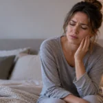 Woman with TMJ jaw pain and teeth grinding touching her jaw at home