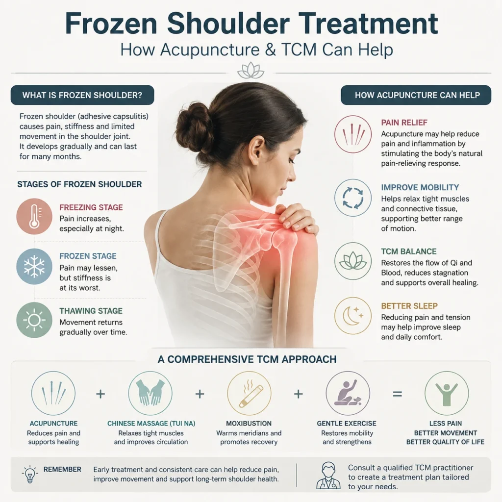Frozen shoulder treatment infographic showing acupuncture, TCM, massage and exercises for pain and mobility