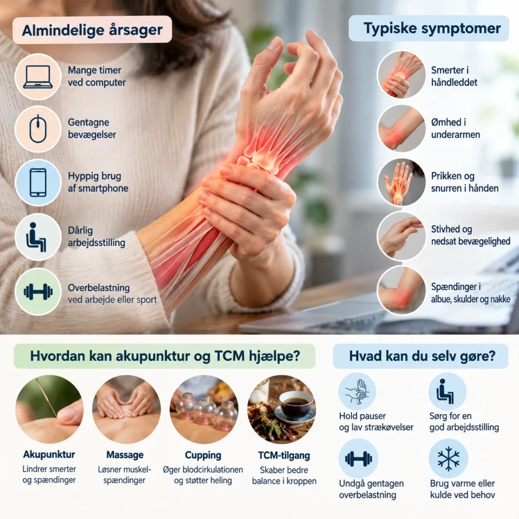 Infografik om musearm, håndledssmerter og akupunktur