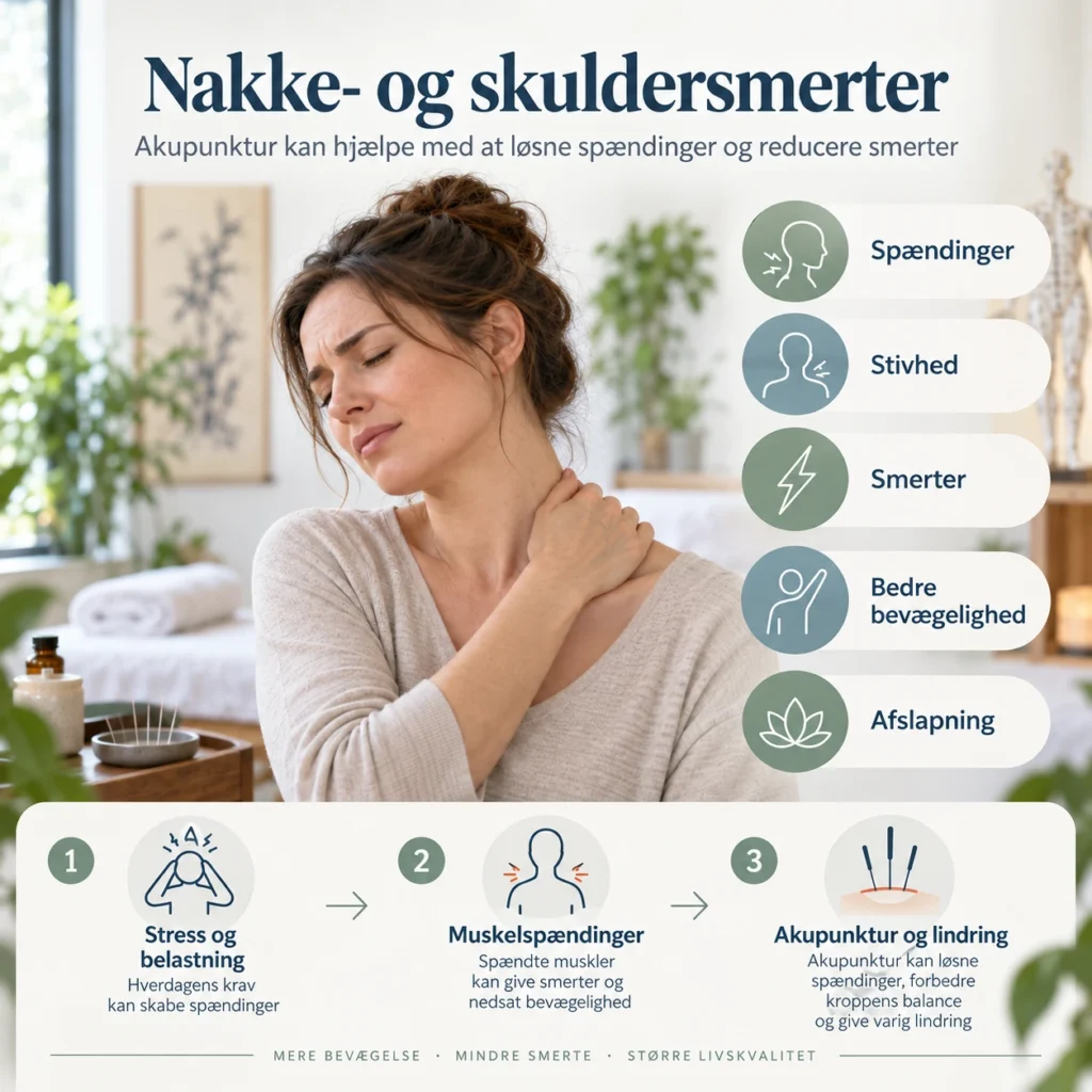 Infografik om nakke- og skuldersmerter samt akupunktur