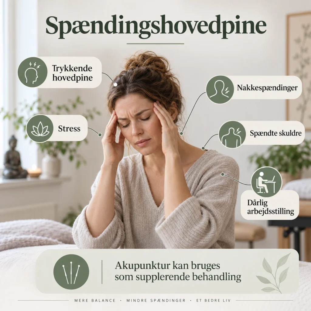 Dansk infografik om spændingshovedpine, nakkespændinger og akupunktur