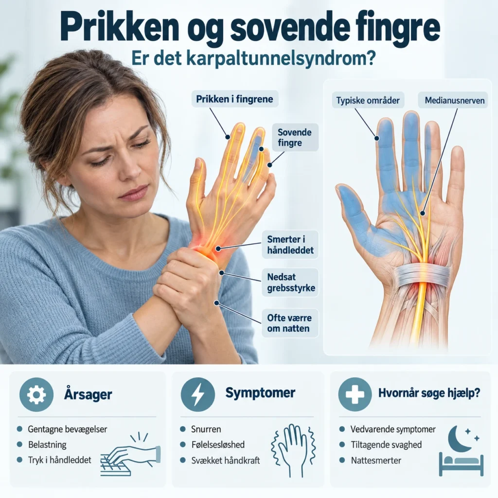 Infografik om karpaltunnelsyndrom og sovende fingre